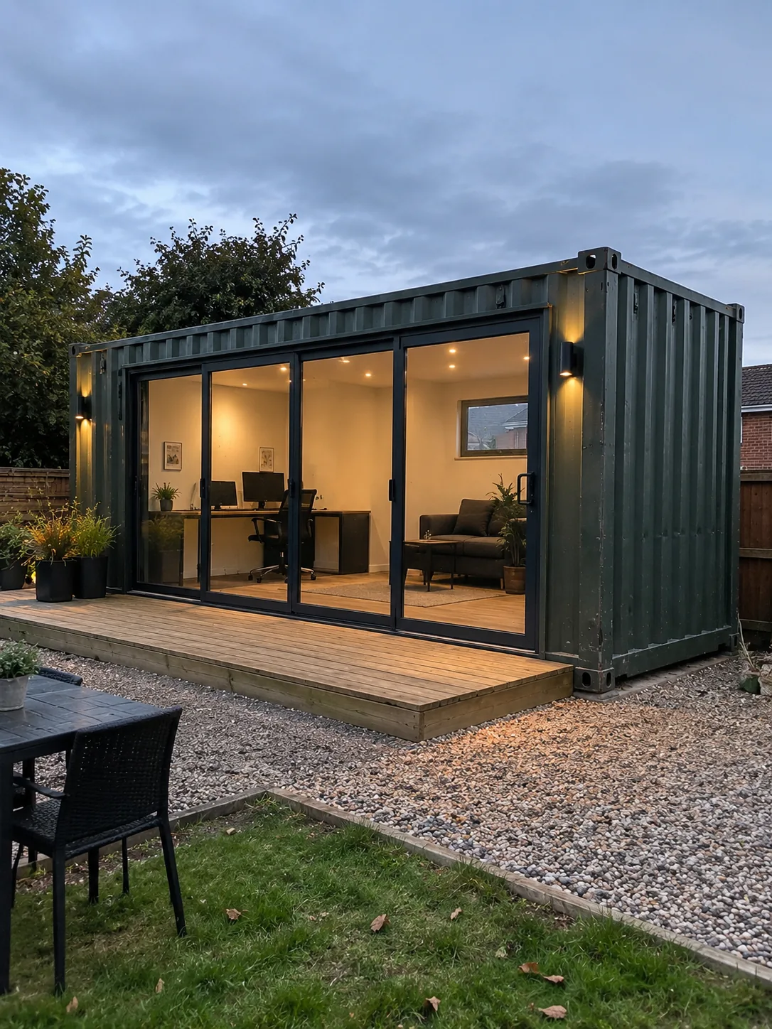 A converted shipping container garden office with glass bifold doors and a timber deck, lit at dusk